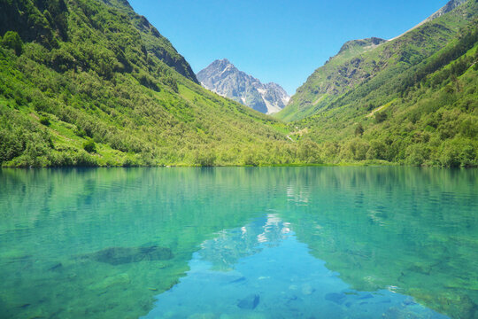 Turquoise mountain lake with clear water reflects a distant rocky peak and green forested slopes under blue sky. Alpine wilderness view