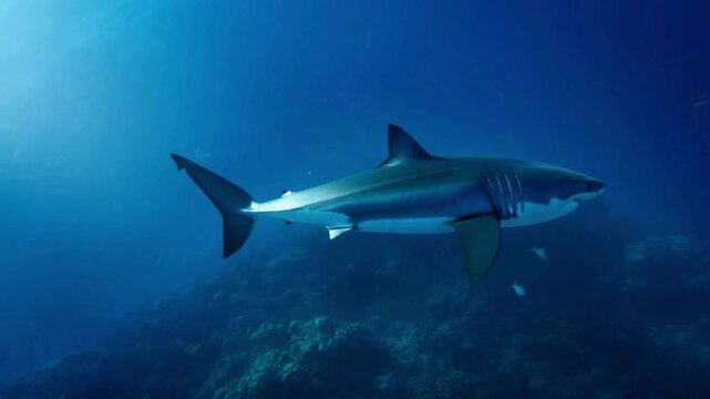 A shark glides majestically through the clear blue seawater, its sleek body and distinctive dorsal fin clearly visible from the side