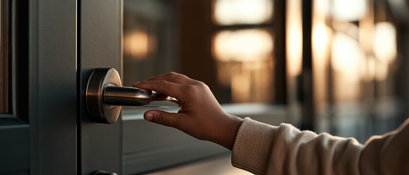 Soft golden light frames a small childs hand gently grasping a modern silver door handle, evoking curiosity, courage, and new beginnings. Perfect for real estate, safety, family, or.