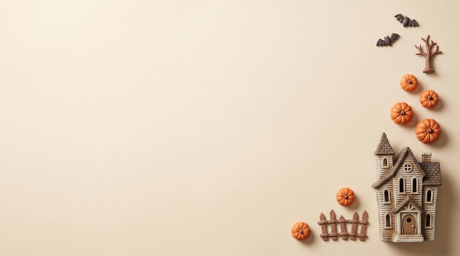 A ceramic haunted house with miniature pumpkins and bats rests on a beige colored surface halloween hauntedhouse spooky autumn fall seasonal