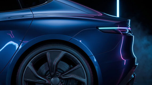 Close up detail of a modern blue sports car rear quarter panel and alloy wheel with vibrant neon lighting