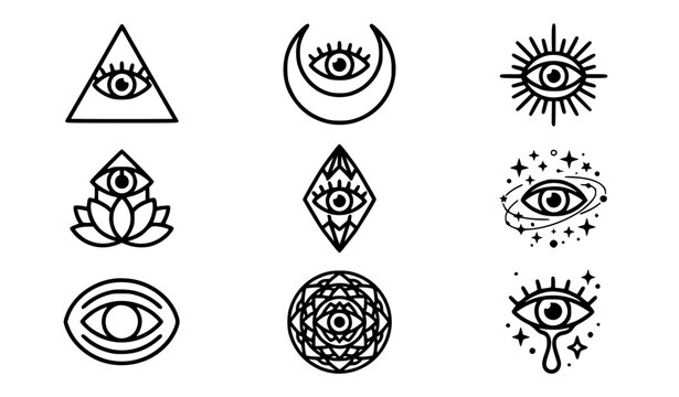 Abstract third eye symbols vector icons set mystical providence line art collection