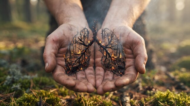 Conceptual view of burning forest lungs held in human hands for nature awareness