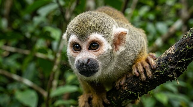Detailed Macro Portrait of a Curious Squirrel Monkey  close-up primate wildlife animal portrait furry expressive eyes nature jungle rainforest tropical mammal cute adorable exotic