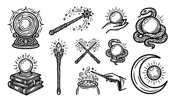Crystal balls and magic wands vector icons set fantasy wizard line art collection