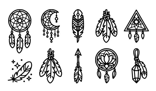Mystic dreamcatchers and feathers vector icons set boho magic line art collection