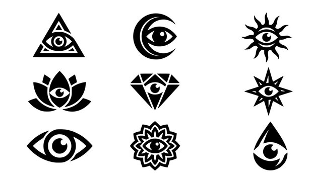 Abstract third eye symbols vector silhouettes emblem set mystical logo collection