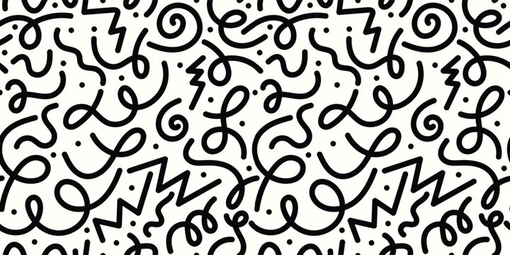 Seamless Memphis Style Abstract Doodle Pattern Swirls Zigzags and Dots Black Line Art Background for Textile Print and Packaging Design
