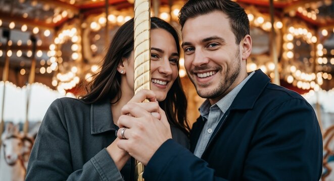 Happy romantic couple enjoying ride on carousel at amusement park. Romantic couple smiles together, holding merry go round pole in evening lights. Concept for romantic couple holiday card.