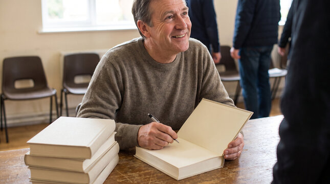 Author signing books at event with smiling expression in a casual setting  