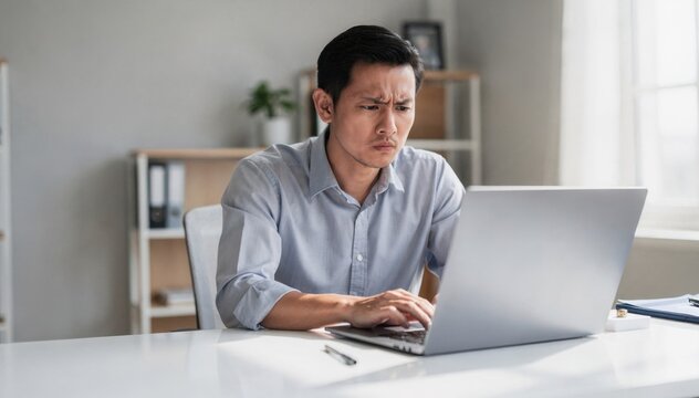 Confusion at Work: A middle-aged Asian man looks intensely at his laptop screen, brow furrowed in concentration and perhaps mild frustration, seated at his desk in a modern office setting.