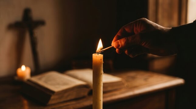 Hand lighting a candle beside an open Bible and crucifix in a warm devotional setting.