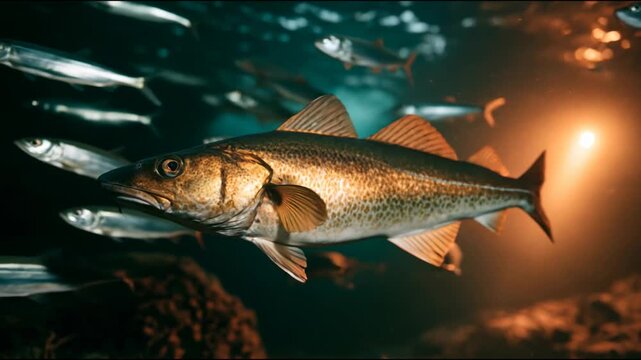 School of fish swimming in deep ocean water with warm light filtering through