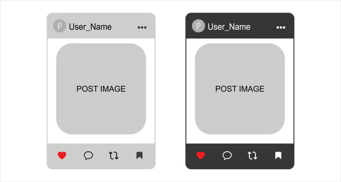 Social media post feed interface vector graphic design featuring dark and light mode layouts with user profile elements and interactive engagement icons for digital mobile applications.