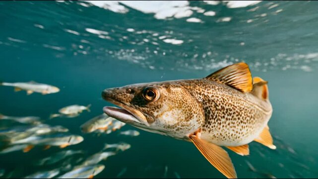 Underwater close-up of a large fish swimming with a school of smaller fish