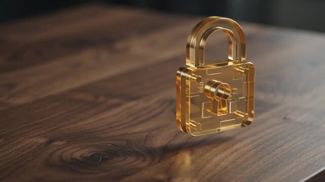 Floating 3D golden padlock with digital circuit animation on a wooden table for premium security concept