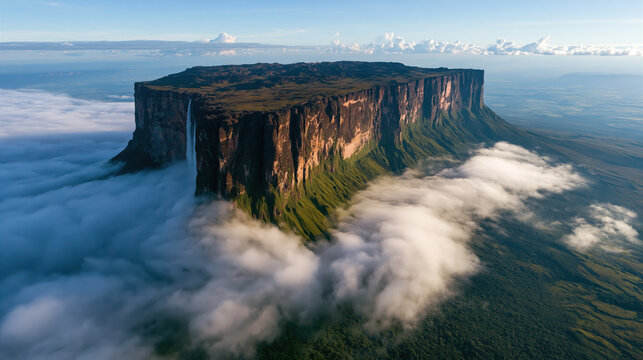 Aerial view of Mount Roraima, a majestic flat-topped tepui mountain above the clouds.