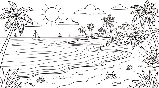 Linear Tropical Shoreline Outline for Creative Drawing - Cartoon Style Summer Coastline Landscape with Sunny Sky and Calm Sea Water Lines for Leisure Activity Books  seaside tropical landscape