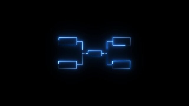 Blue neon glowing tournament bracket diagram on a dark background an animated lighting up against a pitch black championship tree competition structure elimination chart matchup graphic playoff layout