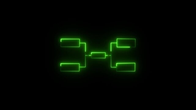 Green neon glowing tournament bracket diagram on a dark background an animated lighting up against a pitch black championship tree competition structure elimination chart matchup graphic playoff