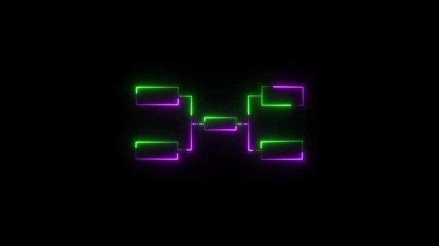 Neon glowing tournament bracket structure with green and purple lights on black background an animated graphic with and light lines against a dark glow effect competition chart championship tree