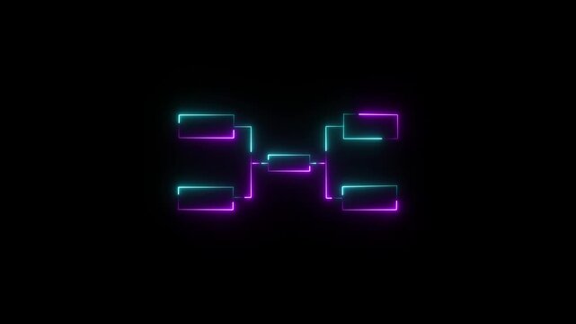 Cyan and magenta neon glowing tournament bracket diagram on dark background an animated multicolor against a pitch black multicolor glowing championship tree competition structure elimination chart