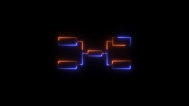 Glowing neon tournament bracket diagram with orange and blue light lines on black background a digital animation featuring bright and strokes on a dark neon lights glow effect competition chart