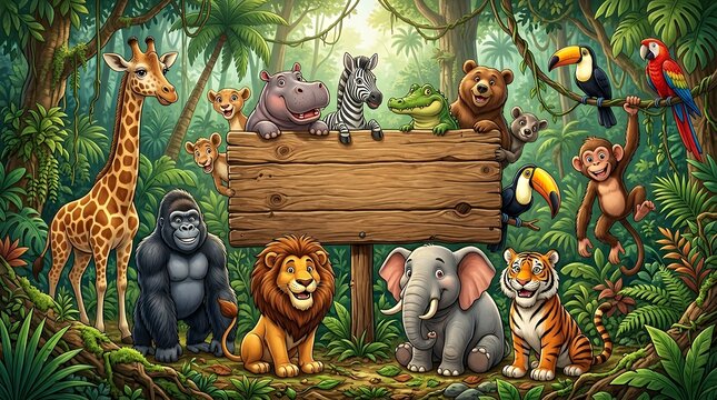 Cartoon Jungle Animals Surrounding Wooden Blank Sign in Forest  Cartoon jungle animals surrounding wooden blank sign forest colorful vibrant cheerful playful wildlife tropical exotic
