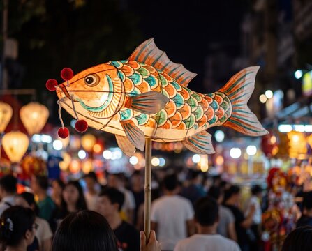 Traditional chinese fish lantern glowing above crowded night market during colorful lantern festival