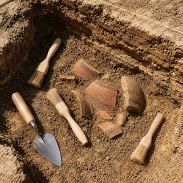 Archaeological trench with brushes beside pottery fragments