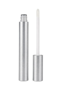 Silver metallic lip gloss tube with an applicator brush removed, showcasing its sleek design on a clean white background
