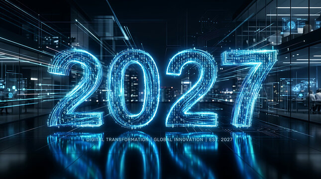 Futuristic 2027 digital typography with glowing light trails and binary code in a modern office setting, symbolizing digital transformation and global innovation