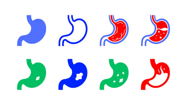 Medical stomach organ illustrations and digestive system healthcare vector icons set.