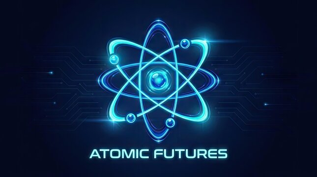 Futuristic atomic nucleus science logo with blue glow.
