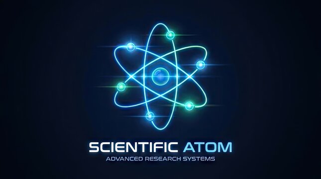 Glowing blue scientific atom logo for research.