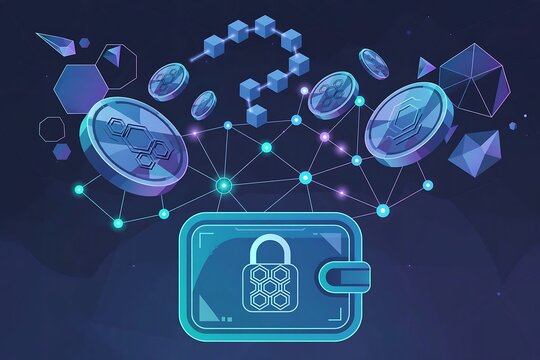 Digital crypto wallet with secure blockchain coins and network connections isolated on white background