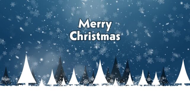 Merry Christmas animated text in a winter snowstorm featuring gently swaying vector pine trees and falling bokeh snow.