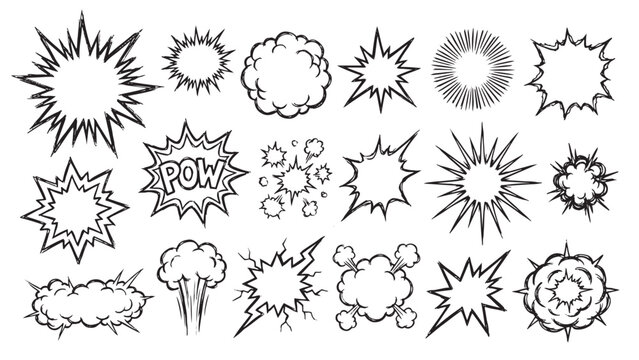 Comic pow burst and explosion outline shape set with sound effect text bubble for cartoon design covering spiky stars, cloud puffs and sunburst elements
