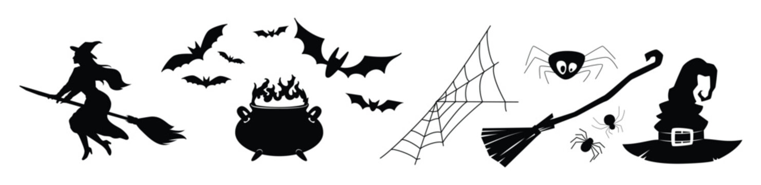 A collection of witch-themed silhouettes for Halloween: witch silhouette, cauldron, bats, spiderweb, spiders, witch's hat, broomstick. Vector illustration isolated on a white background