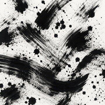 Black ink splatter and brush strokes on white paper filling the frame