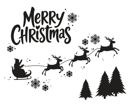Black silhouette of Santa Claus flying in a sleigh on a reindeer sleigh surrounded by snowflakes with a text Merry Christmas. Vector illustration isolated on a white background