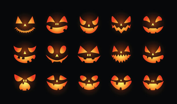 Collection of a glowing scary and funny faces of Halloween pumpkin or ghost. Vector illustration