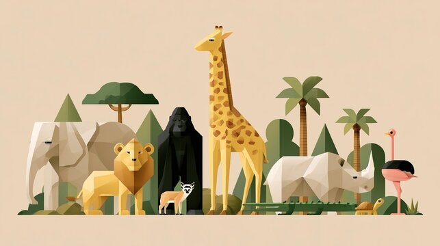Geometric vector safari animal illustration with central spotted yellow giraffe, elephant lion gorilla gazelle lemur rhino crocodile turtle and ostrich, stylized green trees palm bushes, muted earth t