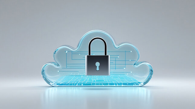 3D digital illustration of cloud computing and network data security concept featuring metallic padlock inside glass cloud on white background