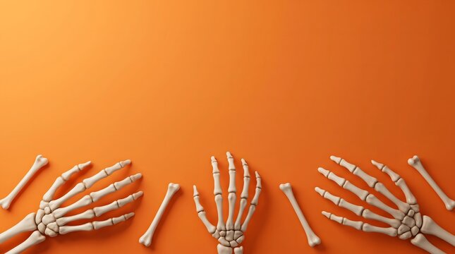 Halloween skeleton hands on orange background