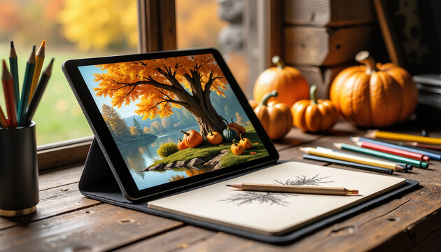 autumn landscape displayed on tablet with drawing materials and pumpkins arranged on wooden table, concept creativity and seasonal change