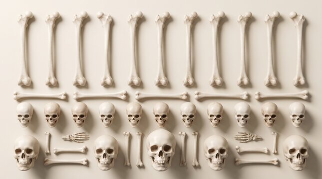 Flat lay composition of human skulls and various bones arranged in an organized pattern on a light background