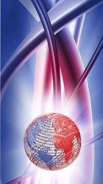 Digital art showing a globe made of binary code surrounded by colorful lines on a blue background