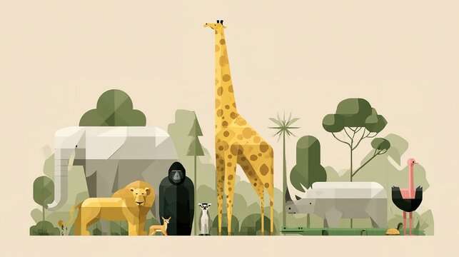 Geometric vector safari animal illustration with central spotted yellow giraffe, elephant lion gorilla gazelle lemur rhino crocodile turtle and ostrich, stylized green trees palm bushes, muted earth t
