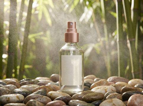 Transparent cosmetic bottle spray in misty bamboo forest setting of North America.